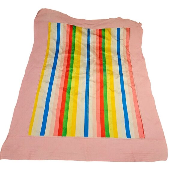 Vintage 60s 70s Rainbow Quilted Twin Full Size Coverlet Pink 66 X 80 Striped - Picture 1 of 10